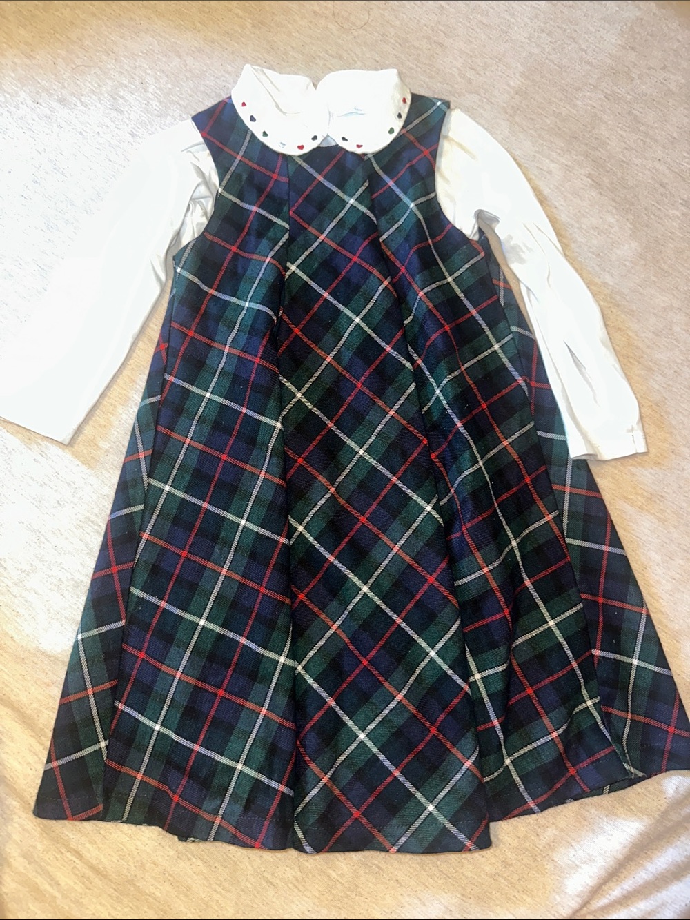 Plaid Green and Navy Girls' Pinafore Dress with White Blouse